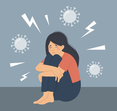 Depression, anxiety or distress because of the coronavirus pandemic. A woman sits on the floor and hugs her knees, crying because of covid-19. Flat vector illustration.