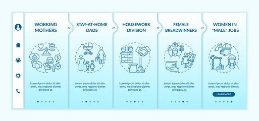 Changing gender roles onboarding vector template. Hard working mothers. Housework division. Responsive mobile website with icons. Webpage walkthrough step screens. RGB color concept