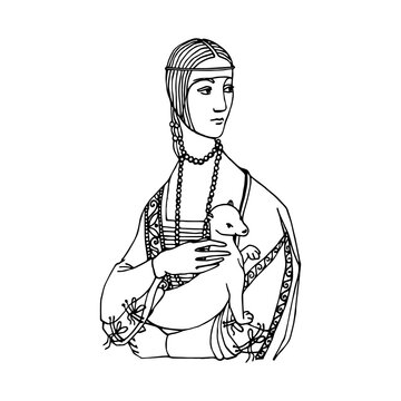 a lady with an ermine in her hands and wearing medieval clothing, vector illustration with black ink contour lines isolated on a white background in a hand drawn style