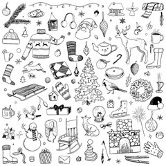 Winter time doodles collection. Hand drawn vector illustrations. Contour drawings of clothing, animals, holidays accessories, foods, cozy items. Outline vintage elements isolated on white for design.