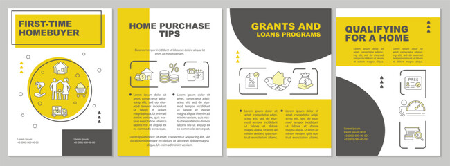 Grants and loan programs brochure template. First time homebuyer. Flyer, booklet, leaflet print, cover design with linear icons. Vector layouts for magazines, annual reports, advertising posters