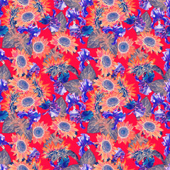 Fototapeta premium Sunflowers with irisflowers seamless pattern. Watercolor illustration, handpainted art.