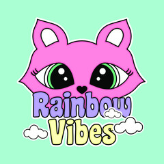RAINBOW VIBES TYPOGRAPHY, ILLUSTRATION OF A FOX WITH CUTE EYES, SLOGAN PRINT VECTOR