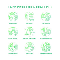 Farm production concept icons set. Natural gardening product creating ideas. Innovational cultivation industry. Farms idea thin line RGB color illustrations. Vector isolated outline drawings