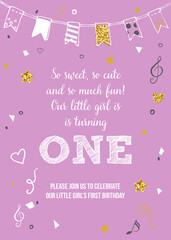 Girl's First Birthday One Year Party Printable Invitation Vector Card