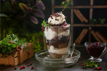 Latvian,scandinavian traditional rye bread layered dessert with whipped cream and cowberry jam served in glass on a beautiful table setting