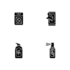 Antibacterial hand sanitizers black glyph icons set on white space. Pocket disinfectant gel for hand wash. Product for personal hygiene care. Silhouette symbols. Vector isolated illustration