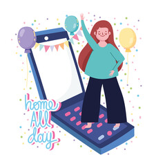 online party, girl dancing on mobile celebrating with balloons
