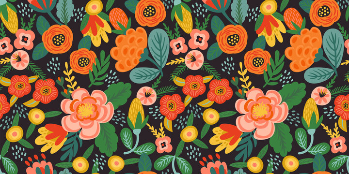 Fototapeta Folk floral seamless pattern. Modern abstract design for paper, cover, fabric, pacing and other.