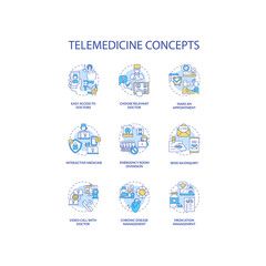 Telemedicine concept icons set. Easy access to doctors. Chronic disease management. Interactive Medicine idea thin line RGB color illustrations. Vector isolated outline drawings. Editable stroke
