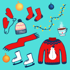 Cute hand-drawn Christmas illustration. Winter objects on a blue background for wrapping paper, textile, decorations