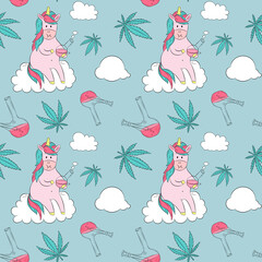 Vector pattern with cannabis and unicorn - 385332145