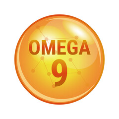 Vector illustration of omega-9. A family of unsaturated fatty acids found mainly in oils and seeds. Vector medical icon of capsule for health. Gold shining pill isolated on a white background.