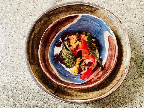 Single dish photo at Central Restaurante at Lima of Peru, name: EXTREME ALTITUDE (Kculli , Kiwichas, Choclo Corn) 4350m