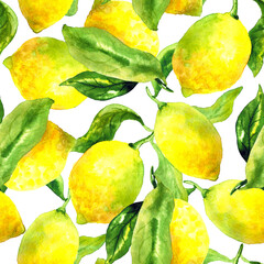 Seamless pattern with lemons and leaves. Hand drawn watercolor illustration. Texture for print, fabric, textile, wallpaper.