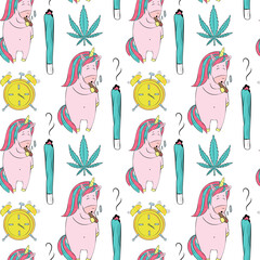 Vector pattern with cannabis and unicorn - 385333120
