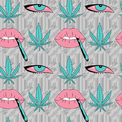 Vector pattern with lips, eyes and cannabis leaves - 385333171