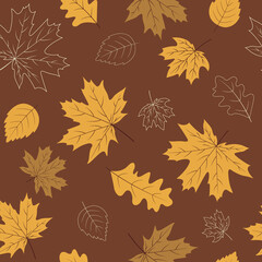 Fototapeta premium Fall Seamless Pattern With Yellow Maple, Oak And Birch Leaves