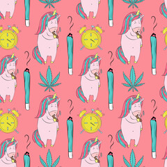 Vector pattern with cannabis and unicorn - 385333520