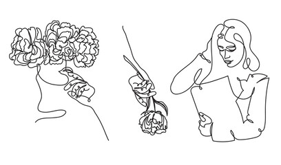 COllection of modert illustrations. Contemporary art with woman silhouette, tropical leaves and hand with a piony flower