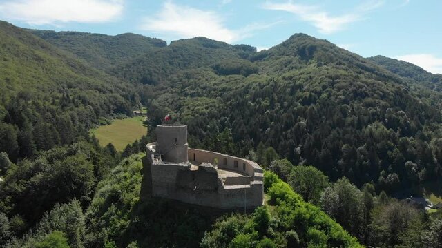 Ruins of Medieval Castle in Mountains in summer. Beskid Sadecki, near village Rytro, Poland.