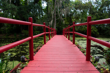 Fototapeta na wymiar Looking down a red footbridge that crosses a swamp garden in the Magnolia Plantation Charleston, South Carolina