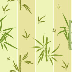 Fototapeta na wymiar Bamboo stems and leaves on a background of light green monochrome stripes. Seamless pattern for textiles, paper or Wallpaper. Abstract vector illustration.