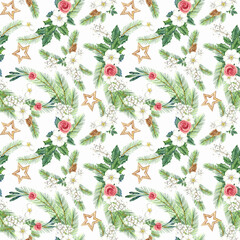 Merry Christmas floral seamless pattern. White flowers, wooden stars, red berries.
Stock illustration. Hand painted in watercolor.