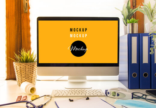 Doctor's Desk with a Computer Mockup