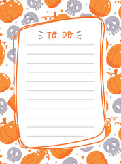 Cute stationary To do list with pupmkins and sculls for taking notes. Halloween theme. Orange, grey and white colors