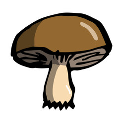 A mushroom with a brown cap, torn out, plates are visible, volumetric in the vector. A sketch of a colored individual one mushroom.