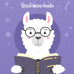Llama cartoon flat illustration. Cute alpaca reading the book. Isolated image for cards, nursery, gifts, children's clothes, avatars, etc. Kids book design elements. World book day poster. © sla009