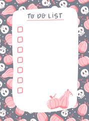 Cute stationary To do list with pupmkins and sculls for taking notes. Halloween theme. Pink, white and grey colors
