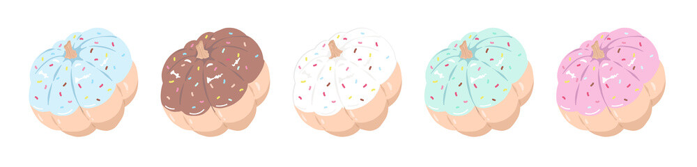 Cute pumpkins in shape of donuts in pastel colors. Set of illustration with decorated pumpkins