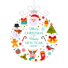 Bright card Happy New Year 2021 Abstract Christmas ball with symbols of