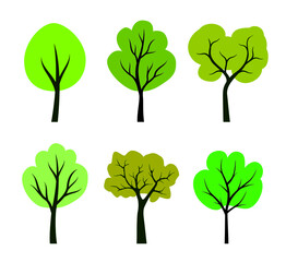 Set of Tree Icons with green leaves. Illustration with vector outline. Plants in the garden.