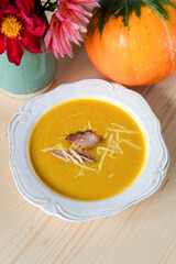Top view of pumpkin soup in a bowl