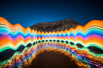 Light Painted Rainbow Reflected on River, Long Exposure Photography - obrazy, fototapety, plakaty