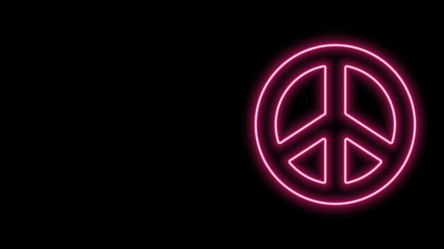 Glowing neon line Peace icon isolated on black background. Hippie symbol of peace. 4K Video motion graphic animation