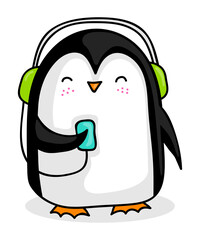 Cute cartoon penguin listening to music with headphones