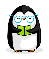 Cute cartoon penguin with glasses reading a book