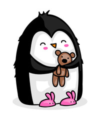 Cute cartoon penguin with bunny slippers and teddy bear getting ready for bed
