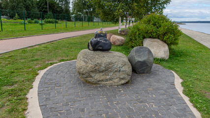 Stone purse on the embankment, Petrozavodsk, Karelia, August 2020
