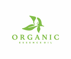 Herbal extracts logo design. Essential oil falling from green leaf vector design. Alternative medicine logotype