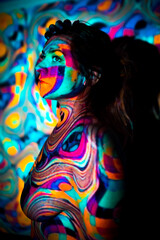 Fototapeta premium Trippy, Colorful Projector Portrait of Beautiful Nude Woman Model. Body Paint
