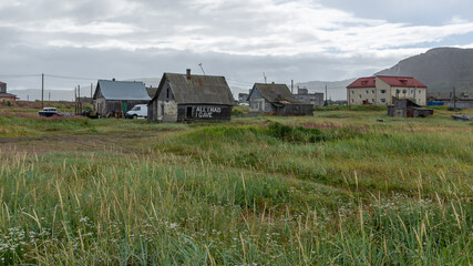 Houses in the village of Teriberka on the Barents sea coast, Russia, August 2020