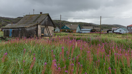 Houses in the village of Teriberka on the Barents sea coast, Russia, August 2020