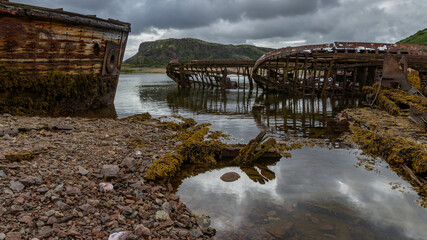 Cemetery of old ships in the village of Teriberka, Barents sea, Russia, August 2020
