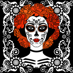 Sugar Skull Girl. Day Of Dead, Traditional Mexican Halloween, Dia De Los Muertos. Woman with makeup sugar skull with roses flowers wreath. Vector illustration.