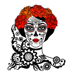 Sugar Skull Girl. Day Of Dead, Traditional Mexican Halloween, Dia De Los Muertos. Woman with makeup sugar skull with roses flowers wreath. Vector illustration.